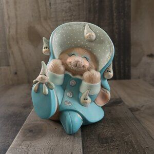 Vintage Puddle Bunny Ceramic Happy Rabbit in the Rain Raindrops Blue Outfit